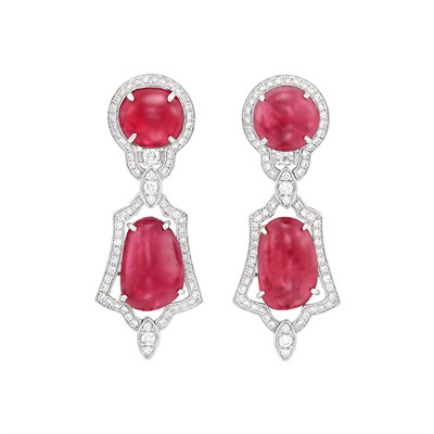 Lot 76 - Pair of White Gold, Spinel and Diamond Pendant-Earrings