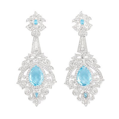 Lot 176 - Pair of Rhodium-Plated Gold, Aquamarine and Diamond Pendant-Earrings