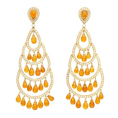 Lot 301 - Pair of Gold, Citrine and Diamond Pendant-Earrings