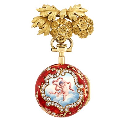 Lot 390 - Antique Gold, Enamel and Diamond Cupid Pendant-Watch, Tiffany & Co., and Gold Lapel Pin