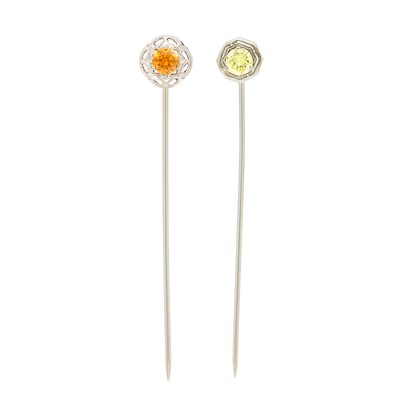 Lot 272 - Two White Gold, Fancy Deep Orange-Yellow Diamond, Fancy Yellow Diamond and Diamond Stick Pins