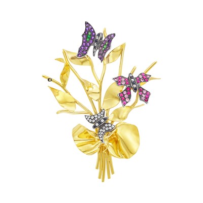 Lot 1117 - Gold, Simulated Diamond and Gem-Set 'En Tremblant' Butterfly Clip-Brooch