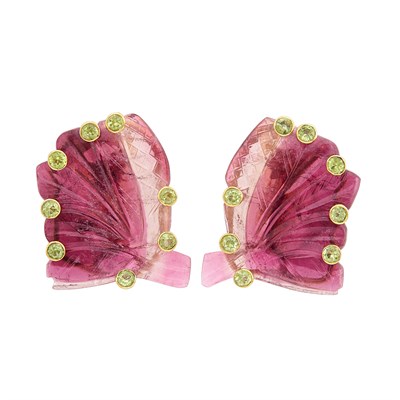 Lot 216 - Pair of Gold, Carved Pink Tourmaline and Peridot Earclips