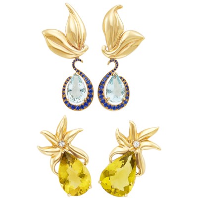Lot 372 - Pair of Gold, Aquamarine and Sapphire Pendant-Earclips and Gold, Lemon Quartz and Simulated Diamond Pineapple Earclips
