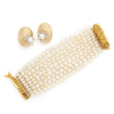 Lot 1931 - Pair of Gold, Cultured Pearl and Simulated Diamond Earclips and Multistrand Freshwater Pearl Bracelet with Silver-Gilt Clasp