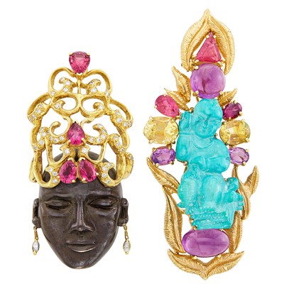 Lot 485 - Two Gold, Oxidized Silver, Gem-Set and Carved Turquoise Clips