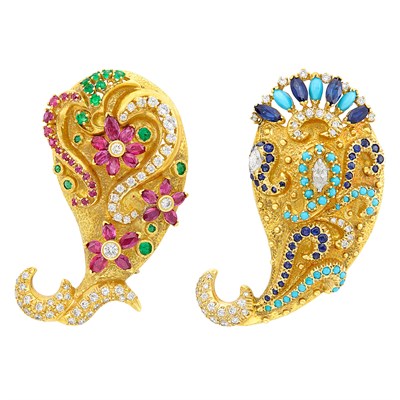 Lot 497 - Pair of Gold, Gem-Set and Diamond Paisley Clip-Brooches