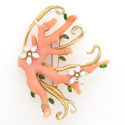 Lot 1146 - Gold, Branch Coral and Simulated Stone Brooch