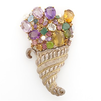 Lot 1617 - Silver, Gold, Simulated and Colored Stone and Cultured Pearl Cornucopia Clip-Brooch