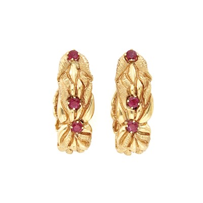 Lot 478 - Pair of Gold and Ruby Hoop Earclips
