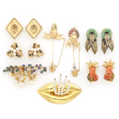 Lot 1435 - Group of Gold, Metal, Cultured Pearl, Jade and Coral Jewelry