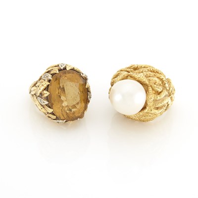 Lot 1932 - Gold and Cultured Pearl Ring and Citrine and Diamond Ring