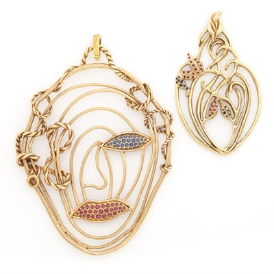 Lot 1170 - Gold, Sapphire and Ruby Pendant and Gold Tongue with Pendant