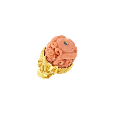 Lot 351 - Gold, Carved Coral and Sapphire Flower Ring
