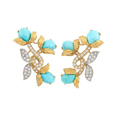 Lot 65 - Pair of Gold, Turquoise and Diamond Earclips