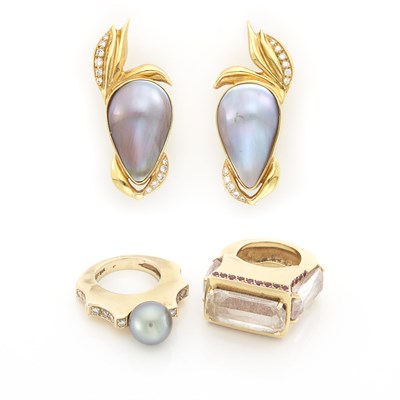 Lot 1725 - Gold, Rock Crystal and Ruby Ring, Grey Cultured Pearl and Diamond Ring and Gray Mabé Pearl and Diamond Earclips