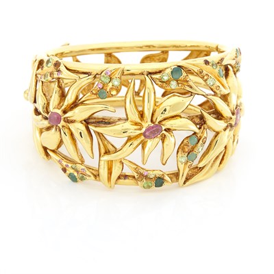 Lot 1524 - Silver-Gilt, Simulated and Colored Stone Flower Cuff Bangle Bracelet