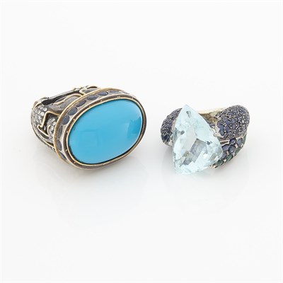 Lot 1491 - Silver, Aquamarine, Sapphire and Emerald Ring and Turquoise Composite, Sapphire and Diamond Ring