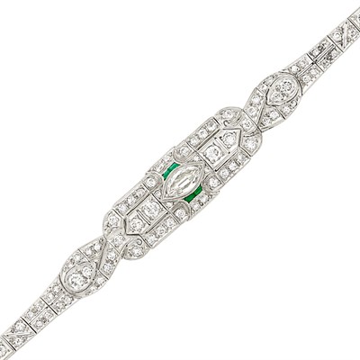 Lot 117 - Platinum, Diamond and Simulated Emerald Bracelet