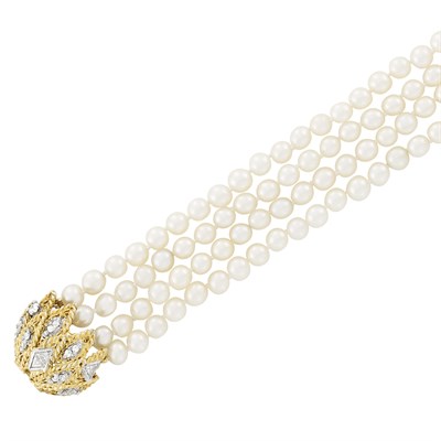 Lot 343 - Four Strand Two-Color Gold, Diamond and Cultured Pearl Bracelet