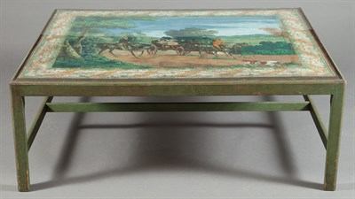 Lot 412 - Green Painted Low Table Inset with Gouache on...