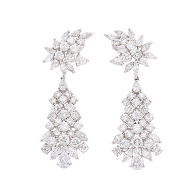 Lot 250 - Pair of Platinum and Diamond Pendant-Earrings