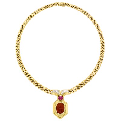 Lot 59 - Gold, Diamond, Cabochon Ruby and Hardstone Intaglio Necklace, Bulgari