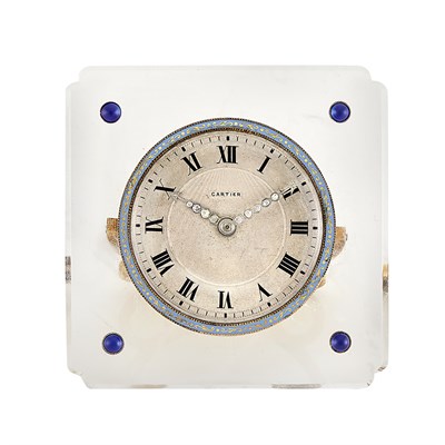 Lot 144 - Rock Crystal, Brass, Enamel and Cabochon Sapphire Desk Clock, Cartier