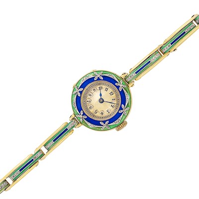 Lot 139 - Belle Époque Gold, Platinum, Enamel and Diamond Wristwatch