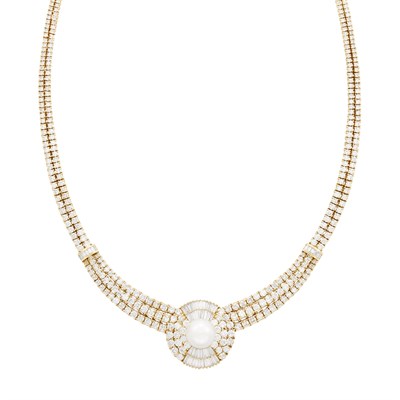 Lot 453 - Gold, Cultured Pearl and Diamond Necklace