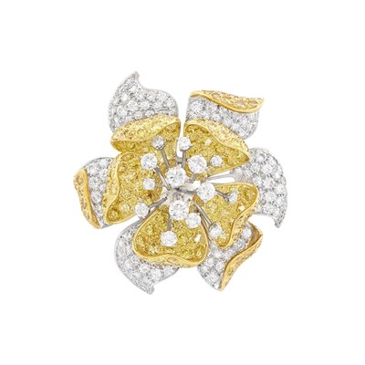 Lot 275 - Platinum, Gold, Diamond and Yellow Diamond Flower Clip-Brooch
