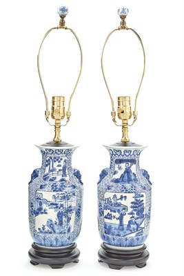 Lot 153 - Pair of Chinese Blue and White Porcelain Lamps...