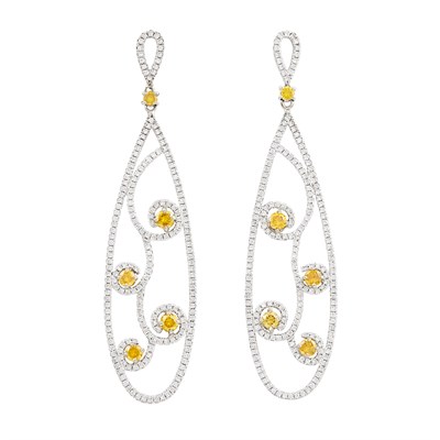 Lot 273 - Pair of Two-Color Gold, Yellow Diamond and Diamond Pendant-Earrings