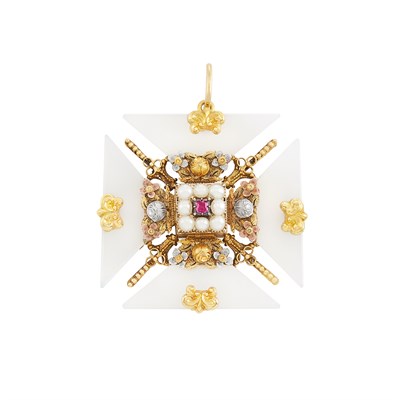 Lot 28 - Antique Two-Color Gold, Silver, Split Pearl and Colored Stone Cannetille Maltese Cross Pendant