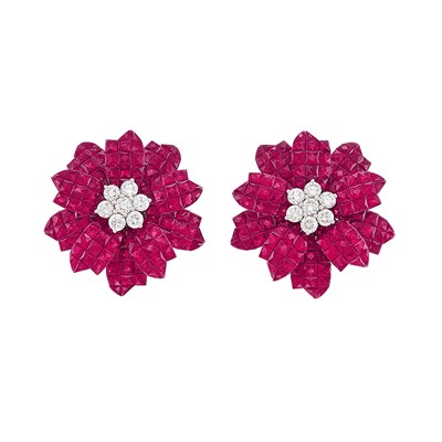 Lot 184 - Pair of White Gold, Invisibly-Set Ruby and Diamond Flower Earclips