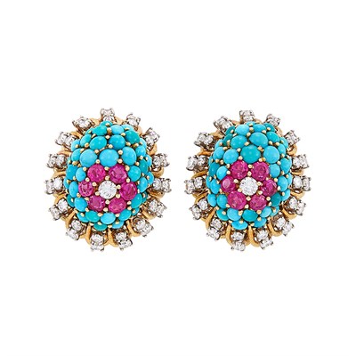 Lot 275 - rPair of Gold, Turquoise, Ruby and Diamond Earclips