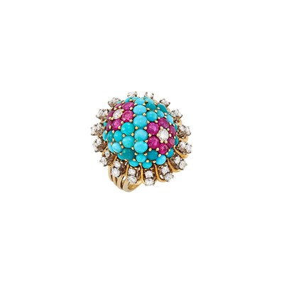 Lot 276 - Gold, Turquoise, Ruby and Diamond Ring