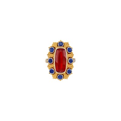 Lot 129 - Tricolor Gold, Garnet and Sapphire Ring, Buccellati