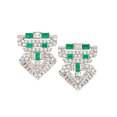 Lot 156 - Pair of Art Deco Platinum, Diamond and Emerald Clips, J.E. Caldwell & Co.