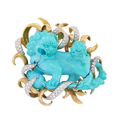 Lot 45 - Gold, Platinum, Carved Turquoise and Diamond Fu Dog Clip-Brooch, David Webb