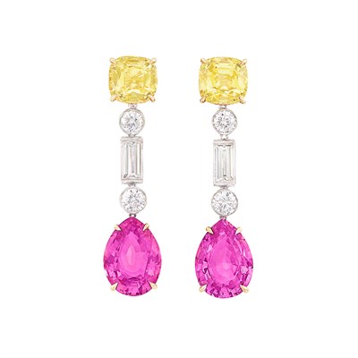 Lot 391 - Pair of Gold, Platinum, Yellow and Pink Sapphire and Diamond Pendant-Earrings, Bulgari