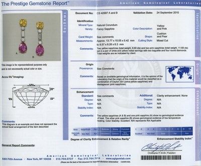 Lot 391 - Pair of Gold, Platinum, Yellow and Pink Sapphire and Diamond Pendant-Earrings, Bulgari