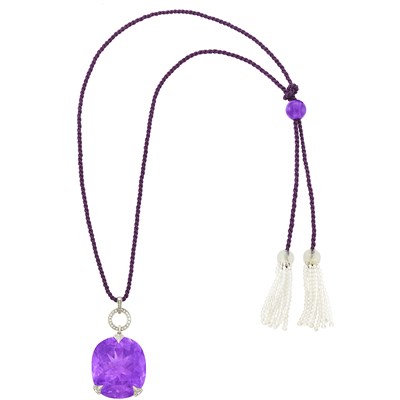Lot 246 - Belle Époque Platinum, Amethyst and Diamond Pendant, Georges Fouquet, France, with Purple Cord Tassel Necklace