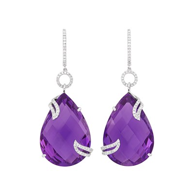Lot 519 - Pair of White Gold, Amethyst and Diamond Pendant-Earrings