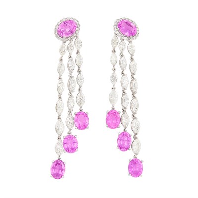 Lot 242 - Pair of White Gold, Pink Sapphire and Diamond Fringe Earrings