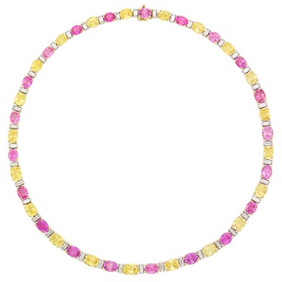 Lot 389 - Gold, Platinum, Pink and Yellow Sapphire and Diamond Necklace