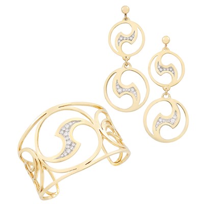 Lot 284 - Gold, Platinum and Diamond Cuff Bracelet and Pair of Pendant-Earclips