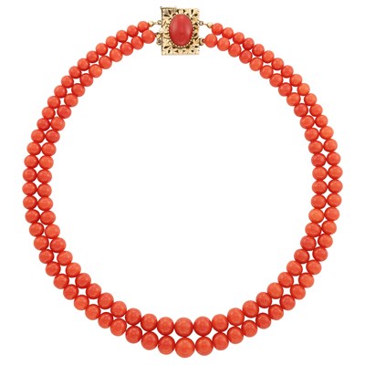 Lot 26 - Double Strand Gold and Coral Bead Necklace