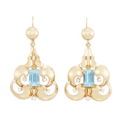 Lot 52 - Pair of Retro Gold, Aquamarine and Diamond Pendant-Earrings