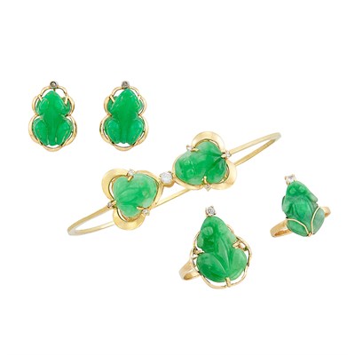 Lot 242 - Gold, Jade and Diamond Bangle Bracelet, Pair of Earrings and Two Rings